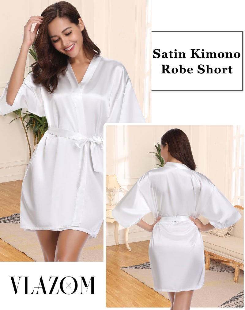 Vlazom Women's Kimono Robes Satin Short Style with Oblique V-Neck Robe (White, Medium) - Image 2